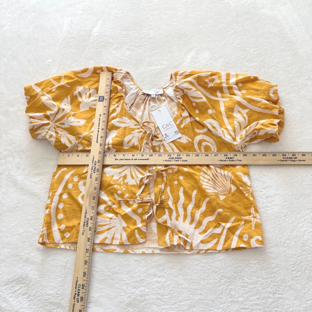 C&C California Linen Bld Tropical Tie Front Blouse Puff Sleeve Yellow Small NWT - Picture 5 of 11
